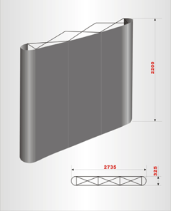 JR-20: Pop-up Display Flat 3 x 3 flat system – system weight: 30kg Panel dimensions (W x D):  (i)Front Panels - 733 x 2220mm (Please bleed 1mm on each side to 735mm) (ii)	Encade - 673 x 2220mm (Please bleed 1mm on each side to 675mm) Floor space required: 2735 x 325mm (W x D) 